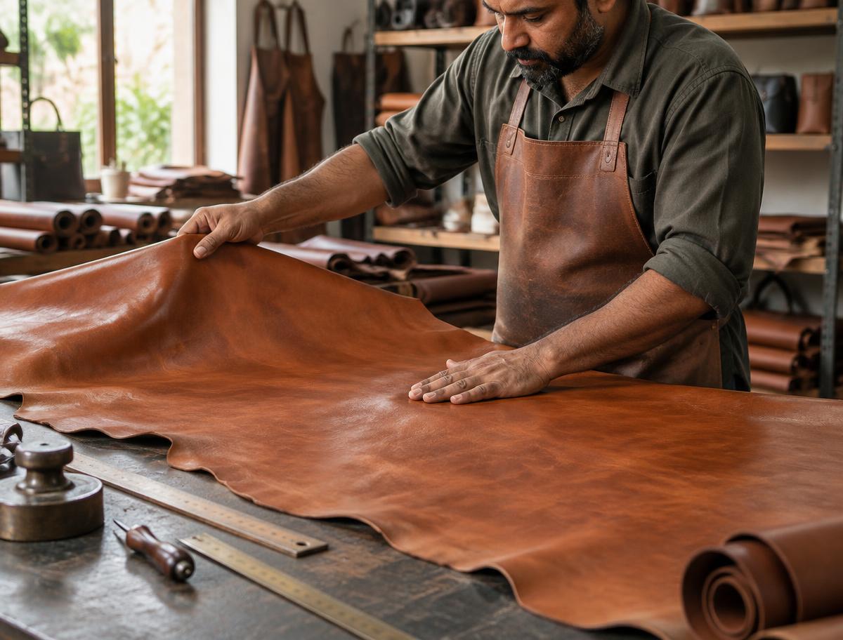 A craftsperson inspecting a leather hide